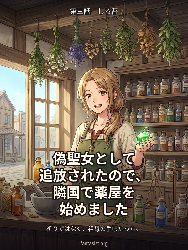 偽聖女として追放されたので、隣国で薬屋を始めました 第三話 しろ苔 カバー