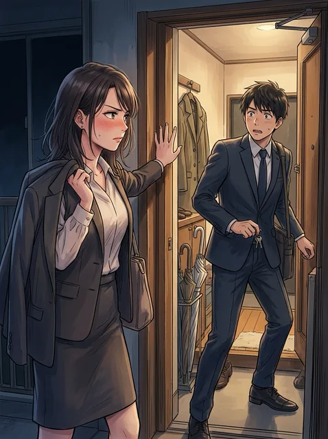 夜のアパートの玄関。グレーのスーツの二十代の女が上着を肩にかけ、頬を赤くしてドア枠に手をつき真顔で立つ。向かいで紺のスーツの若い男が驚いて身を引いている。